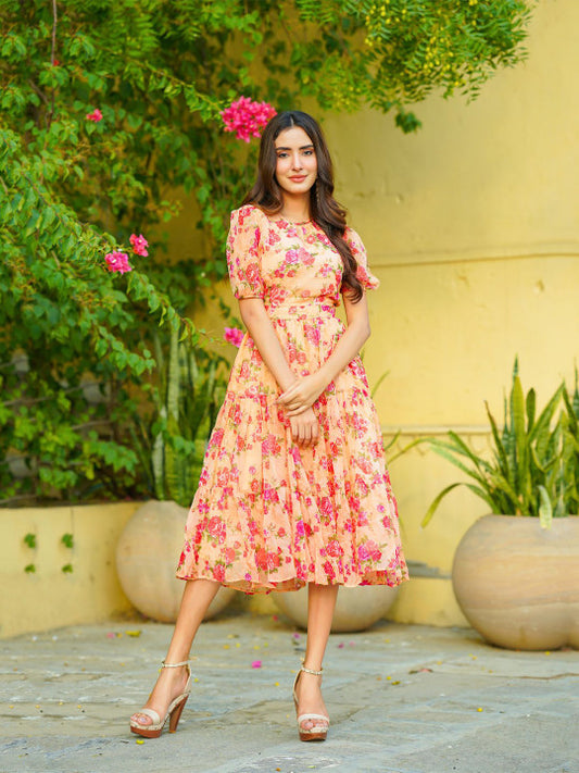 Ambraee Floral Print Chiffon Midi Fit and Flare Dress