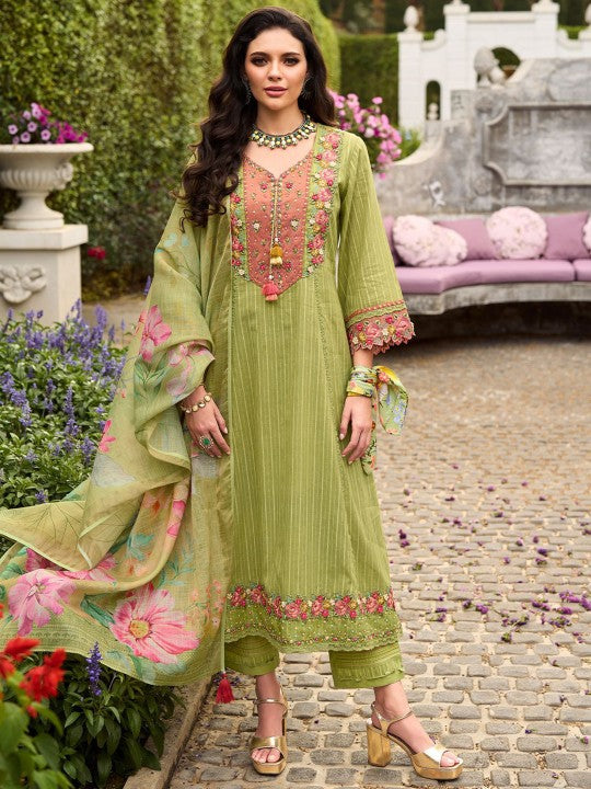Indo Era Women Floral Embroidered Regular Thread Work Cotton Kurta with Trousers & Dupatta