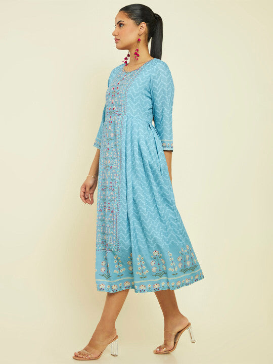 Neck Ethnic Motifs Printed Cotton Fit and Flare Ethnic Dress