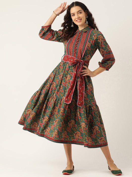 Jaipur Morni Ethnic Motifs Printed Fit & Flare Midi Dress