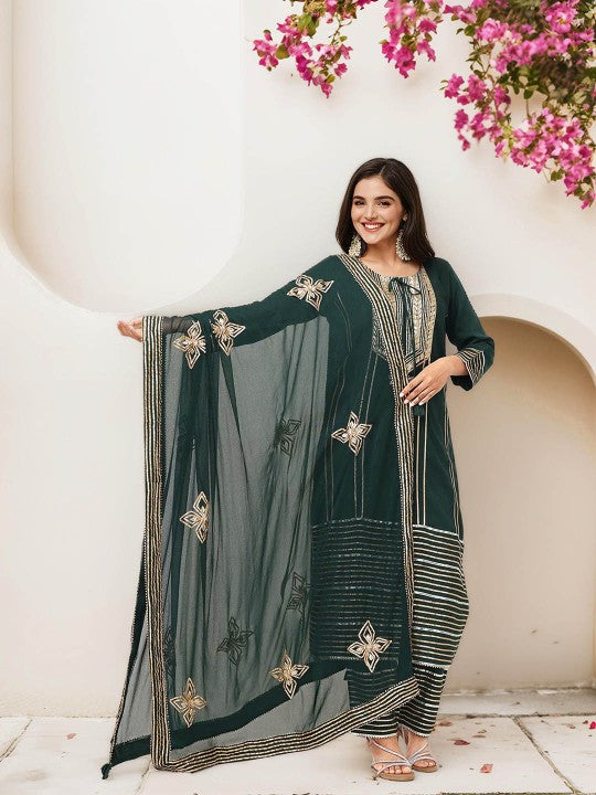 Ishin Striped Embroidered Gotta Patti Pure Cotton Straight Kurta With Trousers & Dupatta