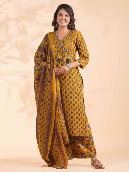 Womens Floral Print Straight Cotton Mustard Kurta with Palazzo &amp; Dupatta (Set of 3)