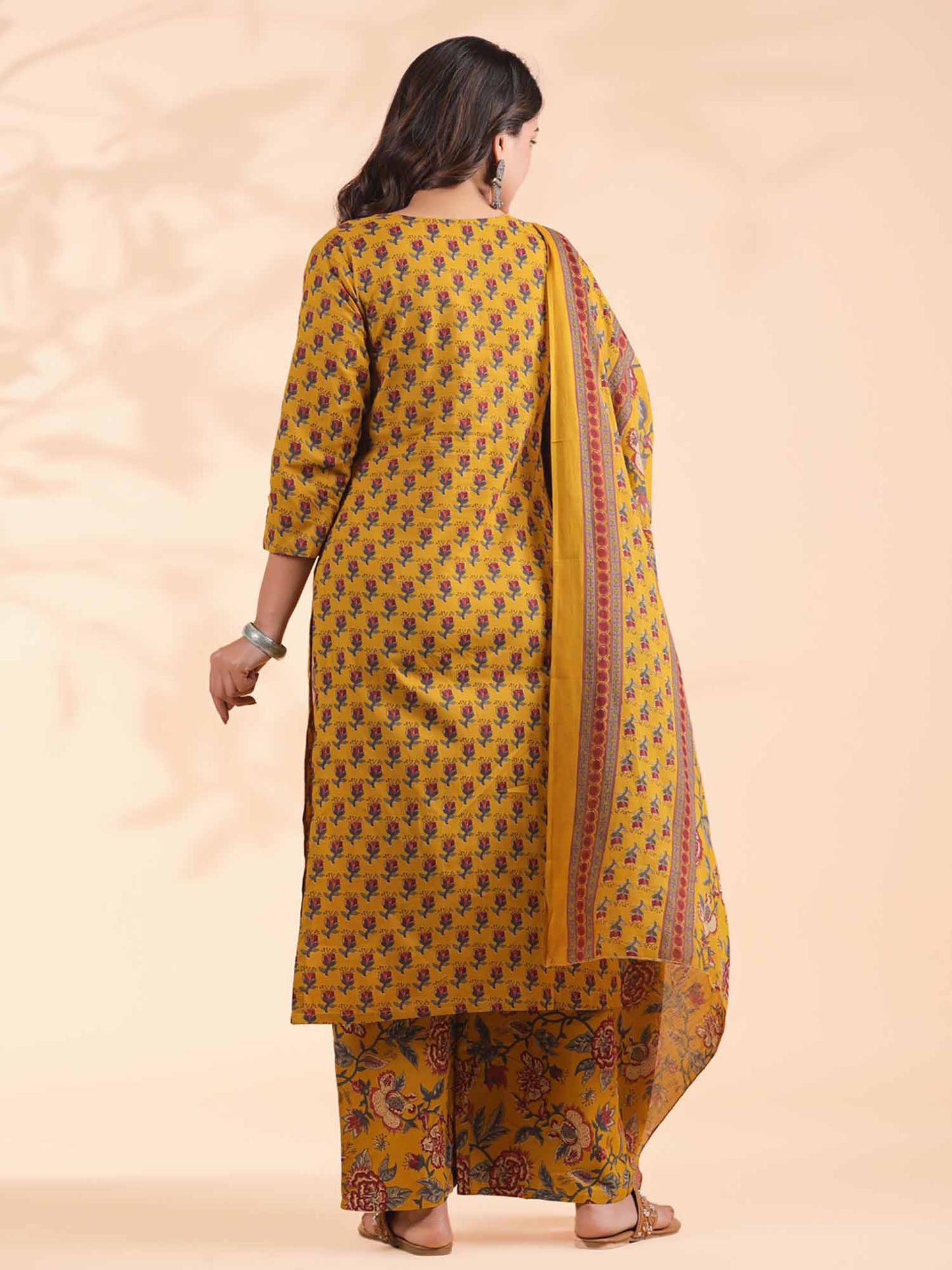 Womens Floral Print Straight Cotton Mustard Kurta with Palazzo &amp; Dupatta (Set of 3)
