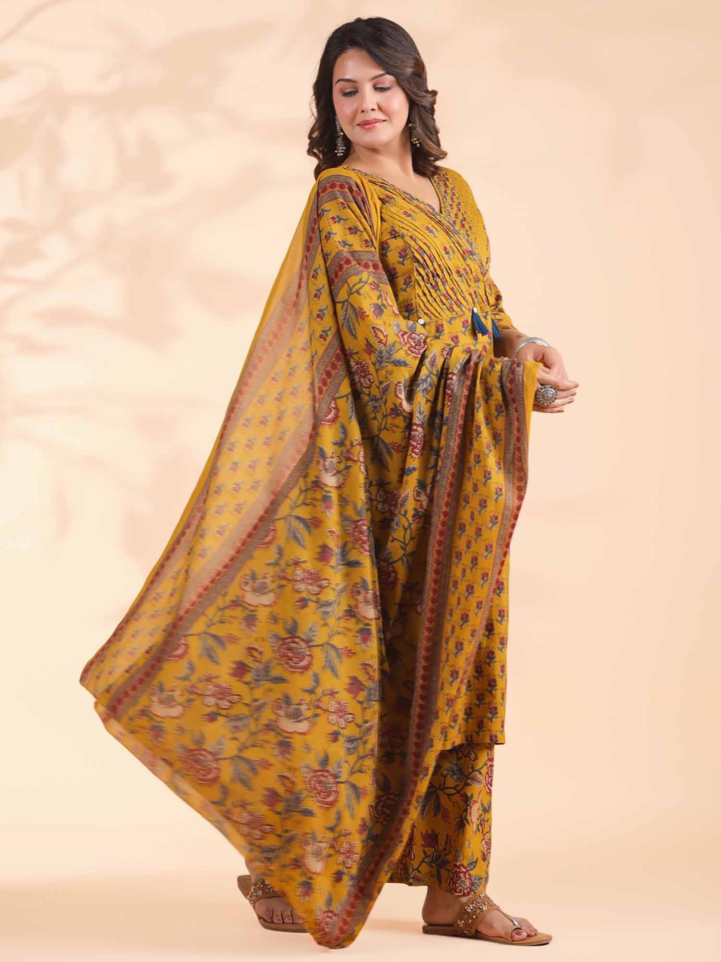 Womens Floral Print Straight Cotton Mustard Kurta with Palazzo &amp; Dupatta (Set of 3)