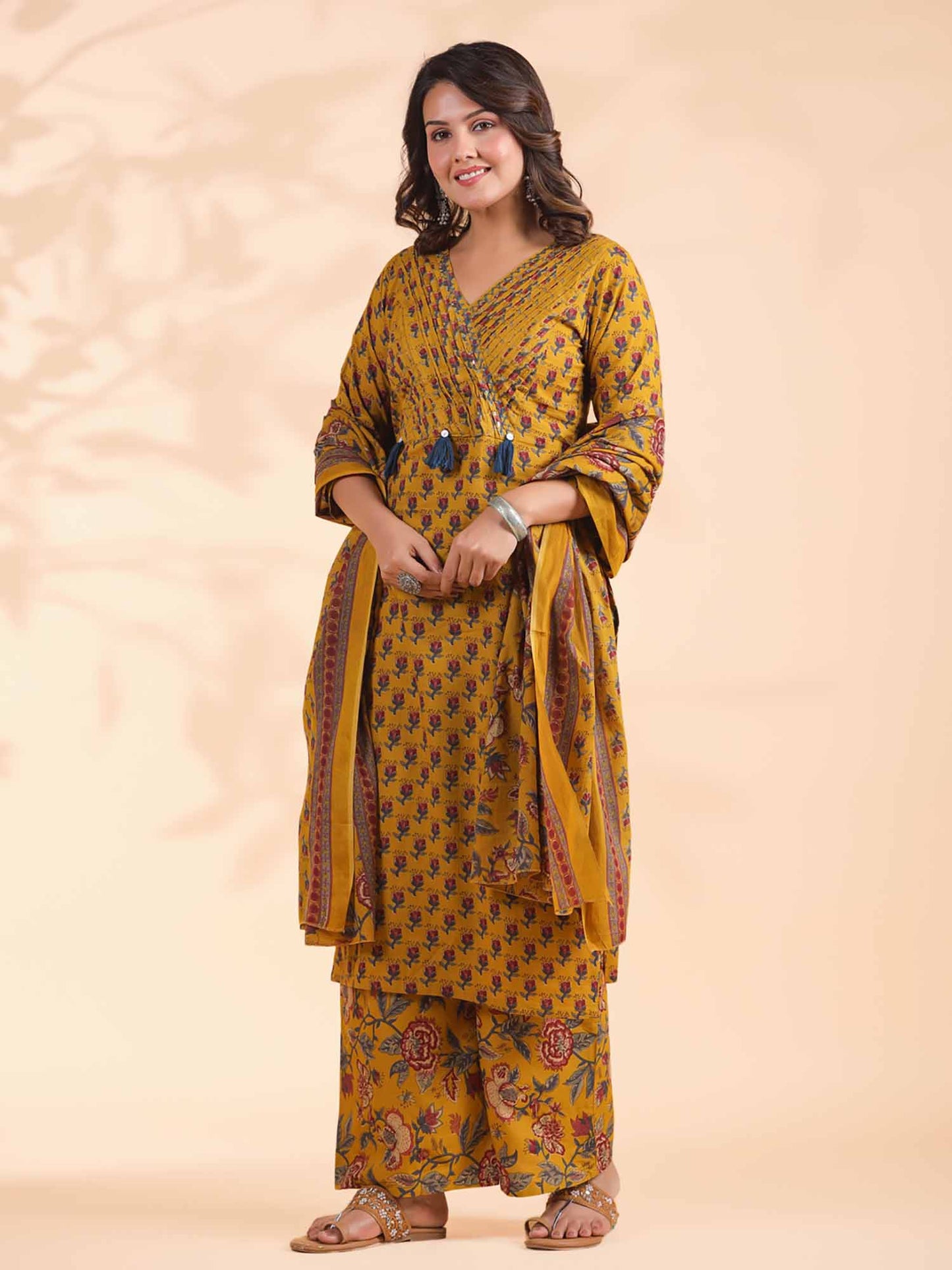 Womens Floral Print Straight Cotton Mustard Kurta with Palazzo &amp; Dupatta (Set of 3)