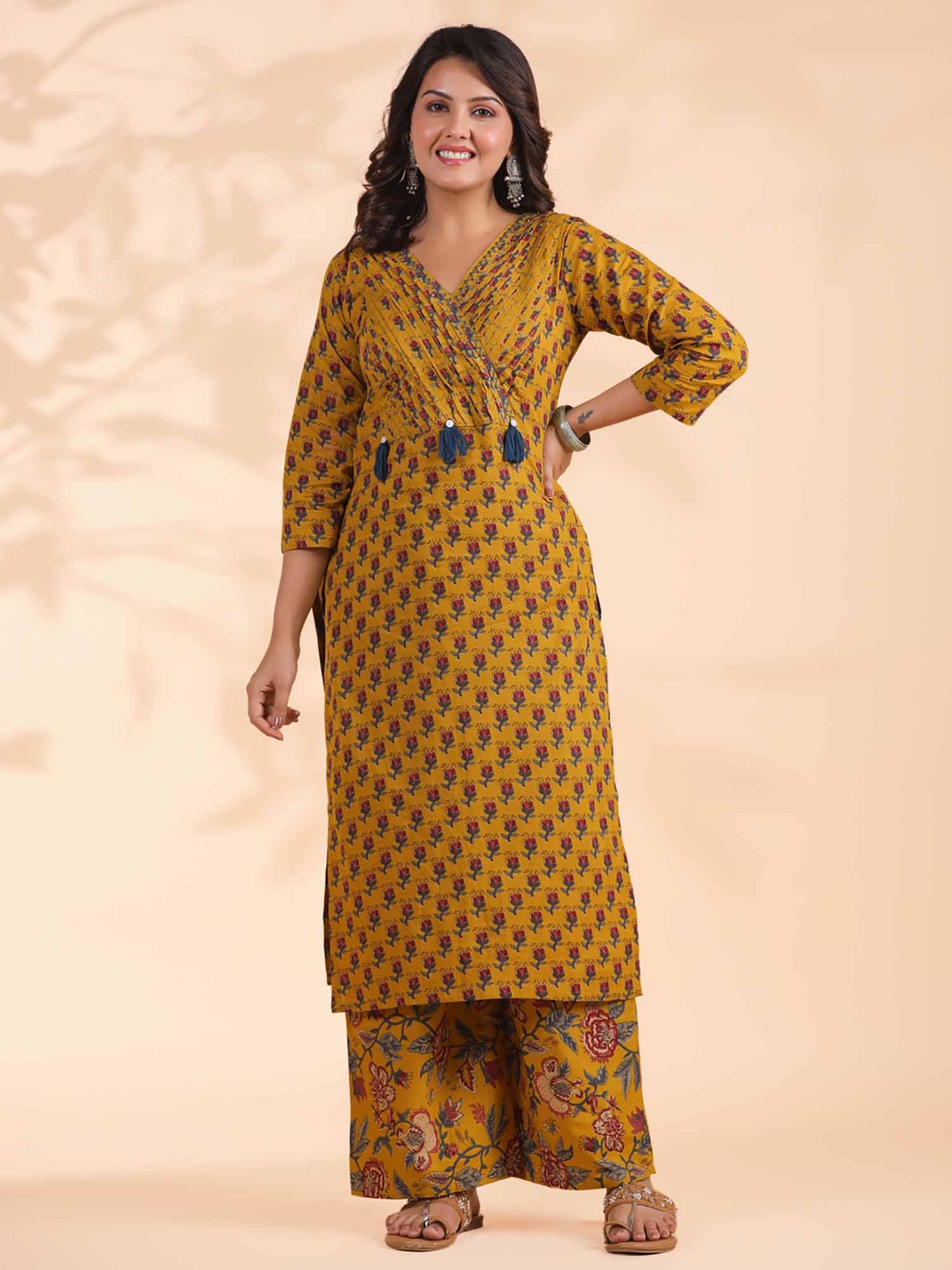 Womens Floral Print Straight Cotton Mustard Kurta with Palazzo &amp; Dupatta (Set of 3)