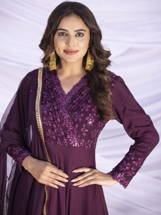 Floral Sequined Embroidered V-Neck Anarkali Kurta With Trouser And Dupatta