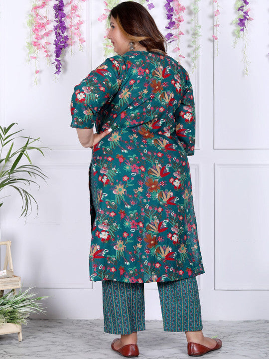 Swasti Plus Size Floral Printed Regular Pure Cotton Kurta with Trousers & Dupatta