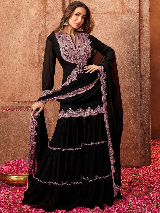 Inddus Women Black Ethnic Motifs Thread Work Kurta