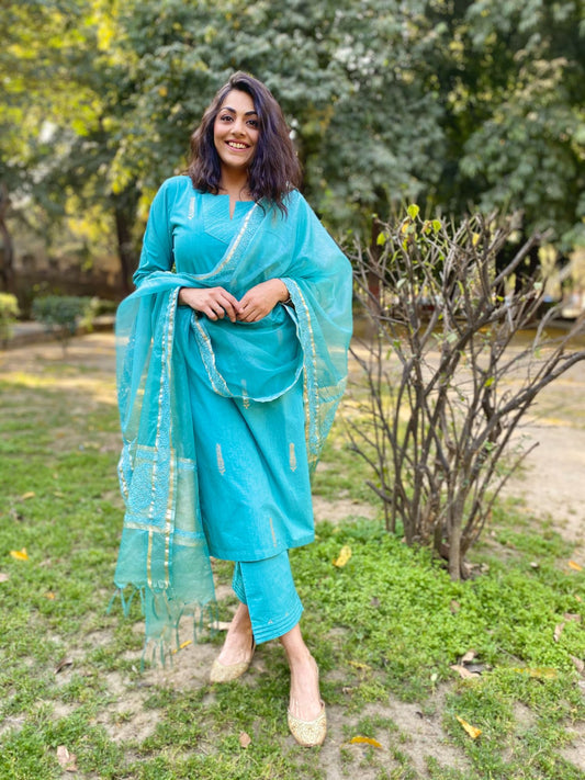 Turquoise Block Printed Set (Set of 3)