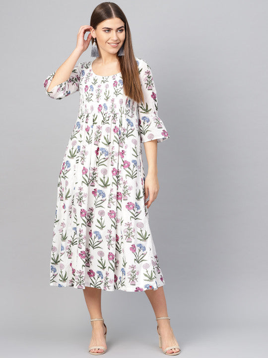 Biba Off-White & Pink Floral Printed A-Line Dress