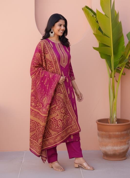 Embroidered Viscose Placement Print Straight Wine Kurta
