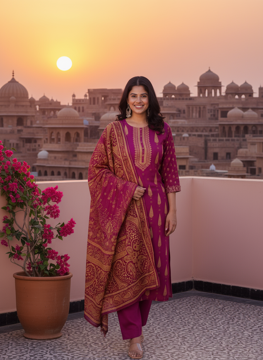 Embroidered Viscose Placement Print Straight Wine Kurta