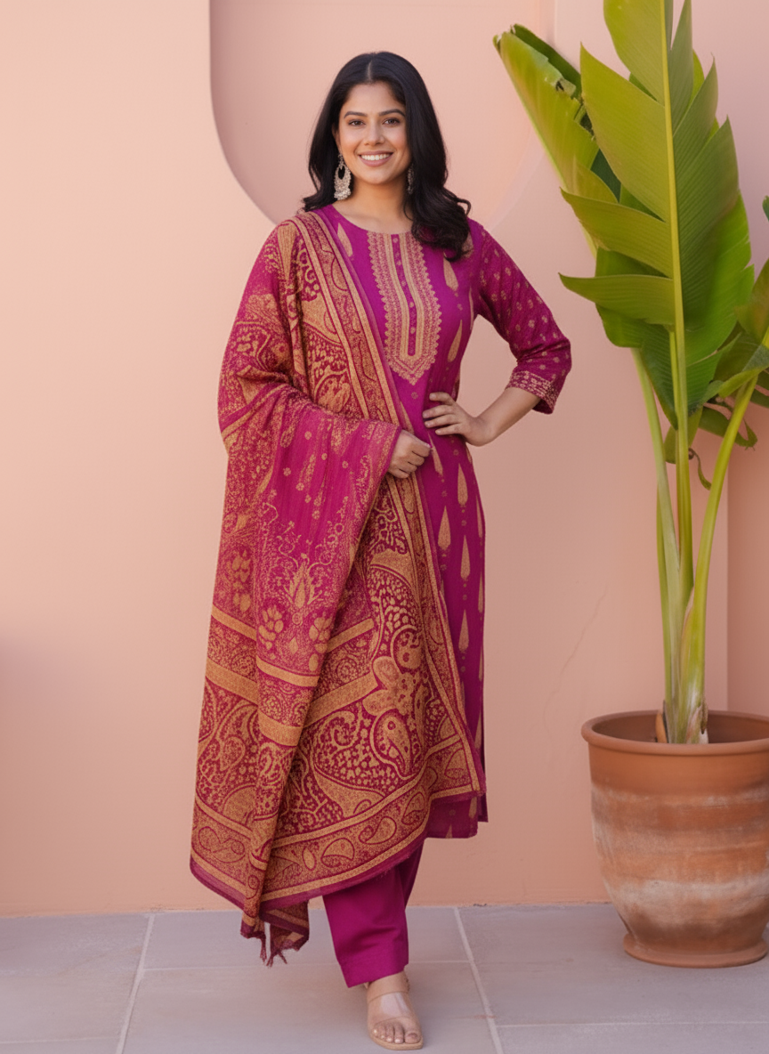 Embroidered Viscose Placement Print Straight Wine Kurta
