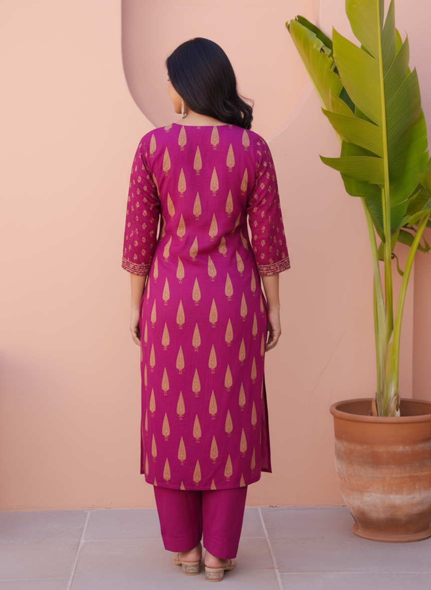 Embroidered Viscose Placement Print Straight Wine Kurta