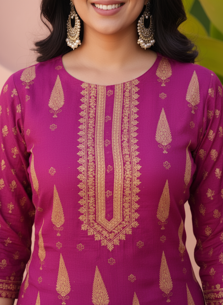 Embroidered Viscose Placement Print Straight Wine Kurta