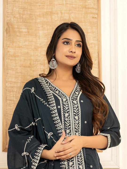 Yufta Alina Cut Embroidered Regular Thread Work Pure Cotton Kurta with Trouser & Dupatta