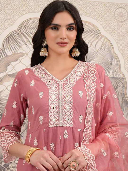 Vishudh Peach Ethnic Motifs Embroidered Empire Sequinned Pure Cotton Anarkali Kurta Set
