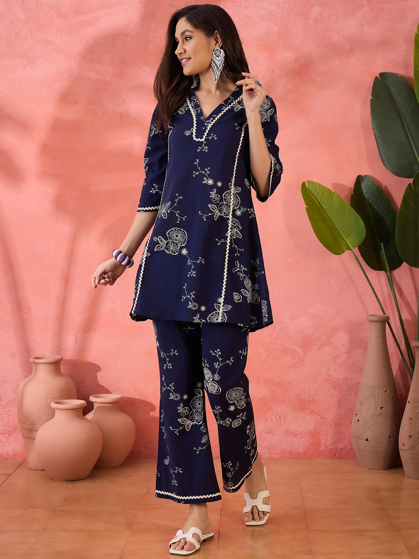 Cotton Floral Print with Lace Embellished Navy Blue Co-Ord (Set of 2)