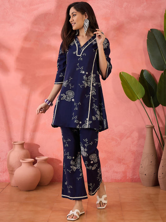 Cotton Floral Print with Lace Embellished Navy Blue Co-Ord (Set of 2)