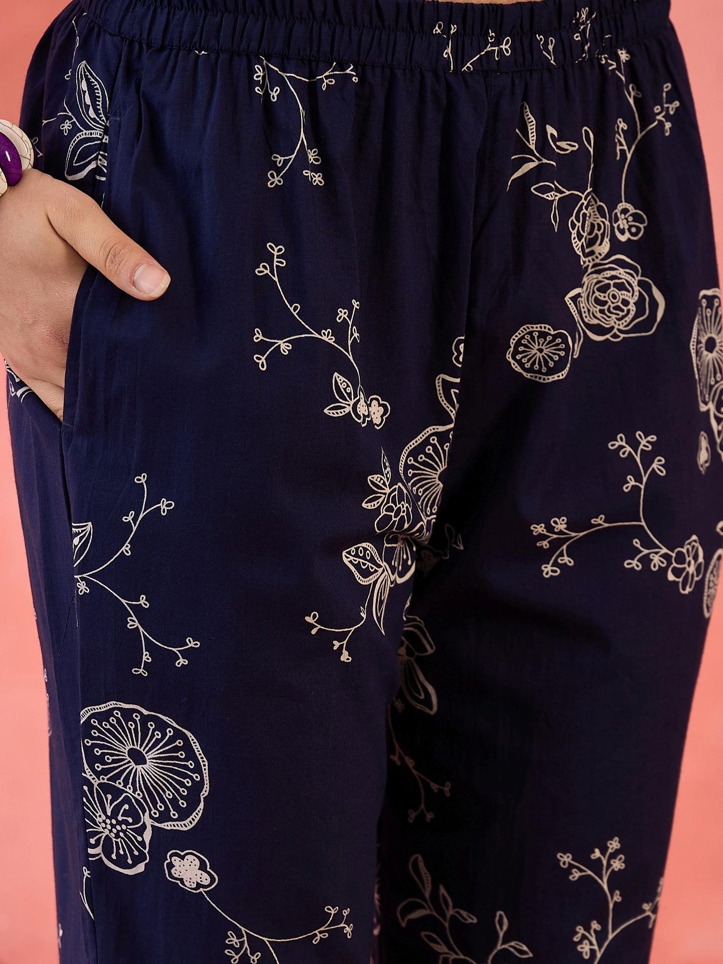 Cotton Floral Print with Lace Embellished Navy Blue Co-Ord (Set of 2)