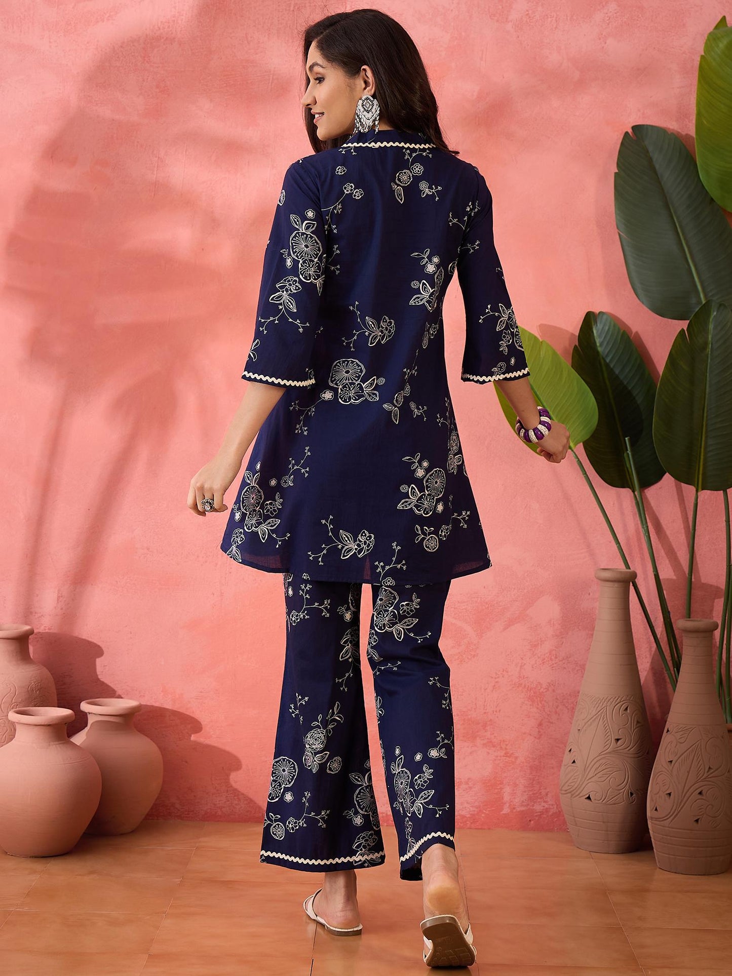 Cotton Floral Print with Lace Embellished Navy Blue Co-Ord (Set of 2)