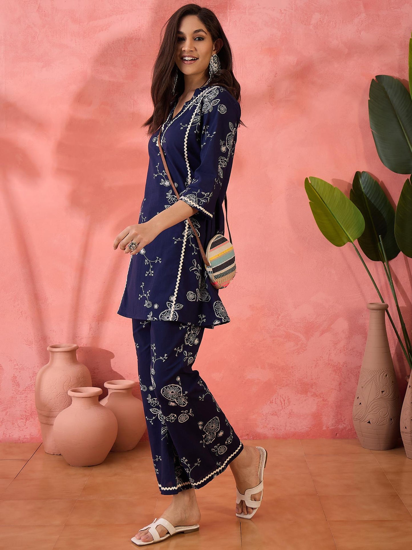 Cotton Floral Print with Lace Embellished Navy Blue Co-Ord (Set of 2)