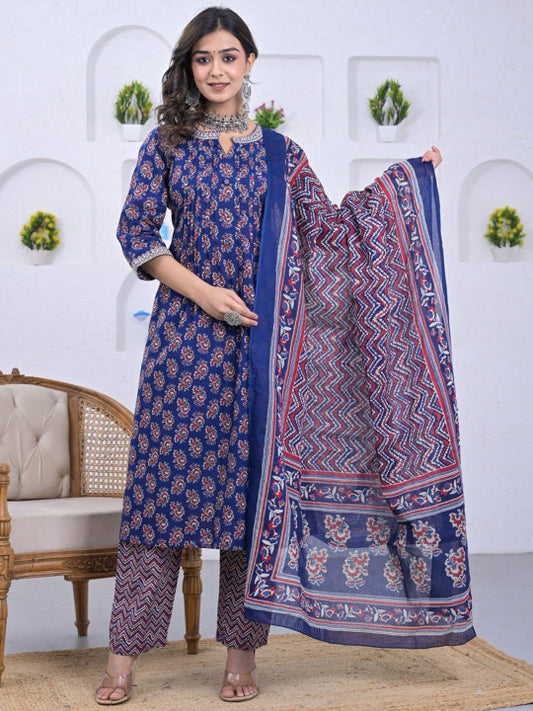Advya Ethnic Motifs Printed Notch Neck Pure Cotton Straight Kurta With Trousers & Dupatta
