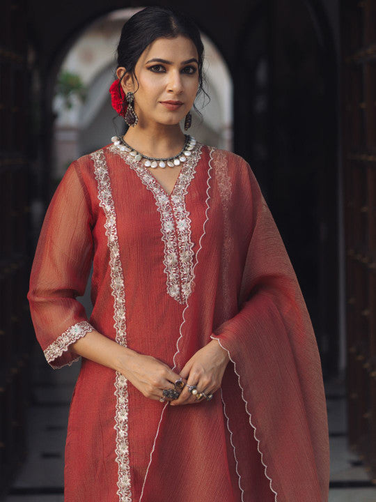 anayna Women Embroidered Panelled Kurta with Trousers & With Dupatta