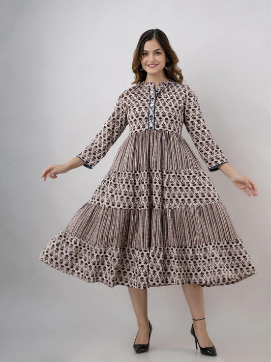 BAESD Floral Printed Mandarin Collar Gathered Tiered Fit & Flare Maxi Ethnic Dress