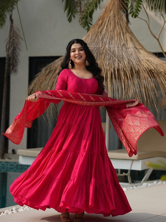 BAHU PALACE Tiered Pure Roman Chanderi Silk Anarkali Kurta