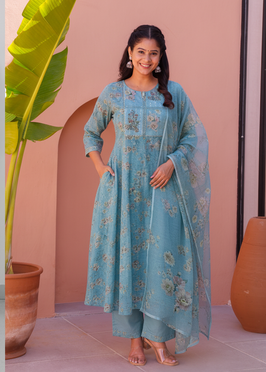 Embroidered Poly Blend Floral Straight Sea Green Kurta