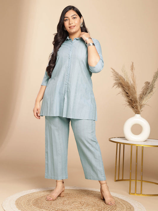 Women Plus Size Green Embroidered Tunic with Pant (Set of 2)
