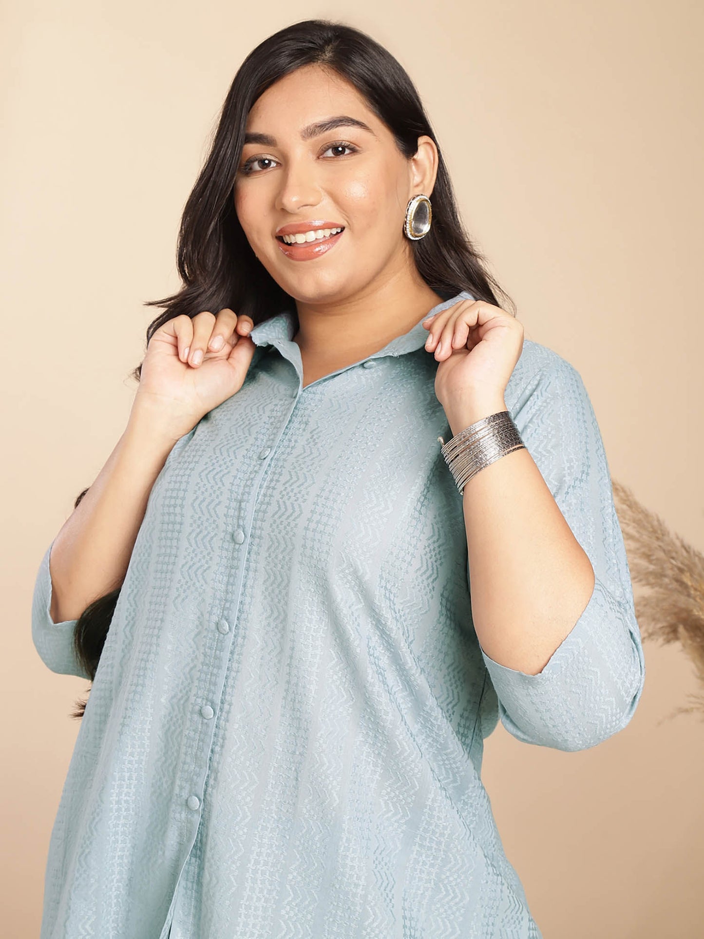 Women Plus Size Green Embroidered Tunic with Pant (Set of 2)