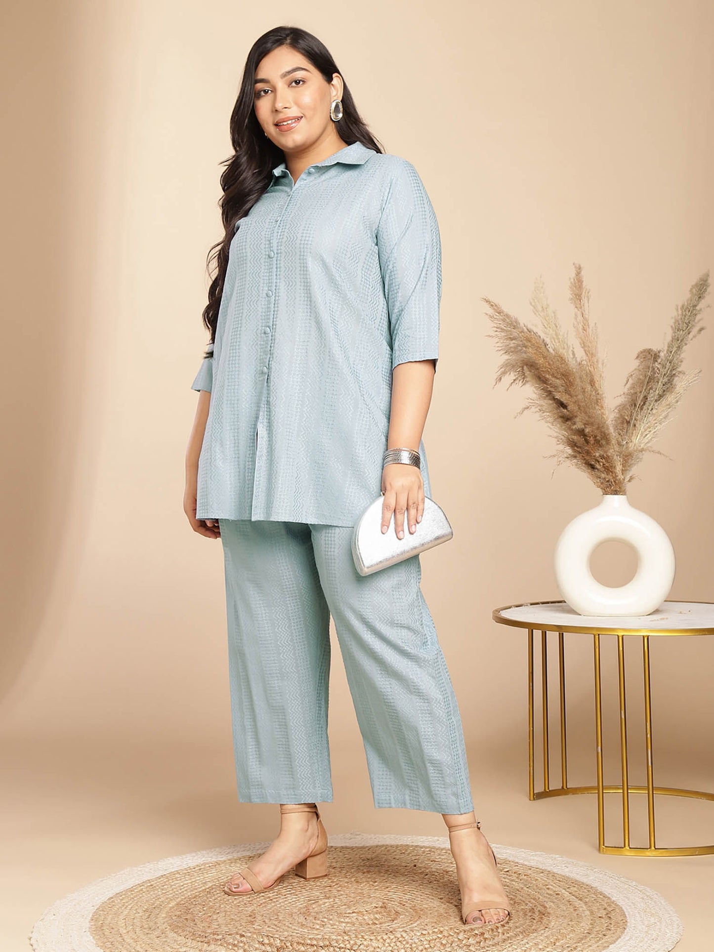 Women Plus Size Green Embroidered Tunic with Pant (Set of 2)