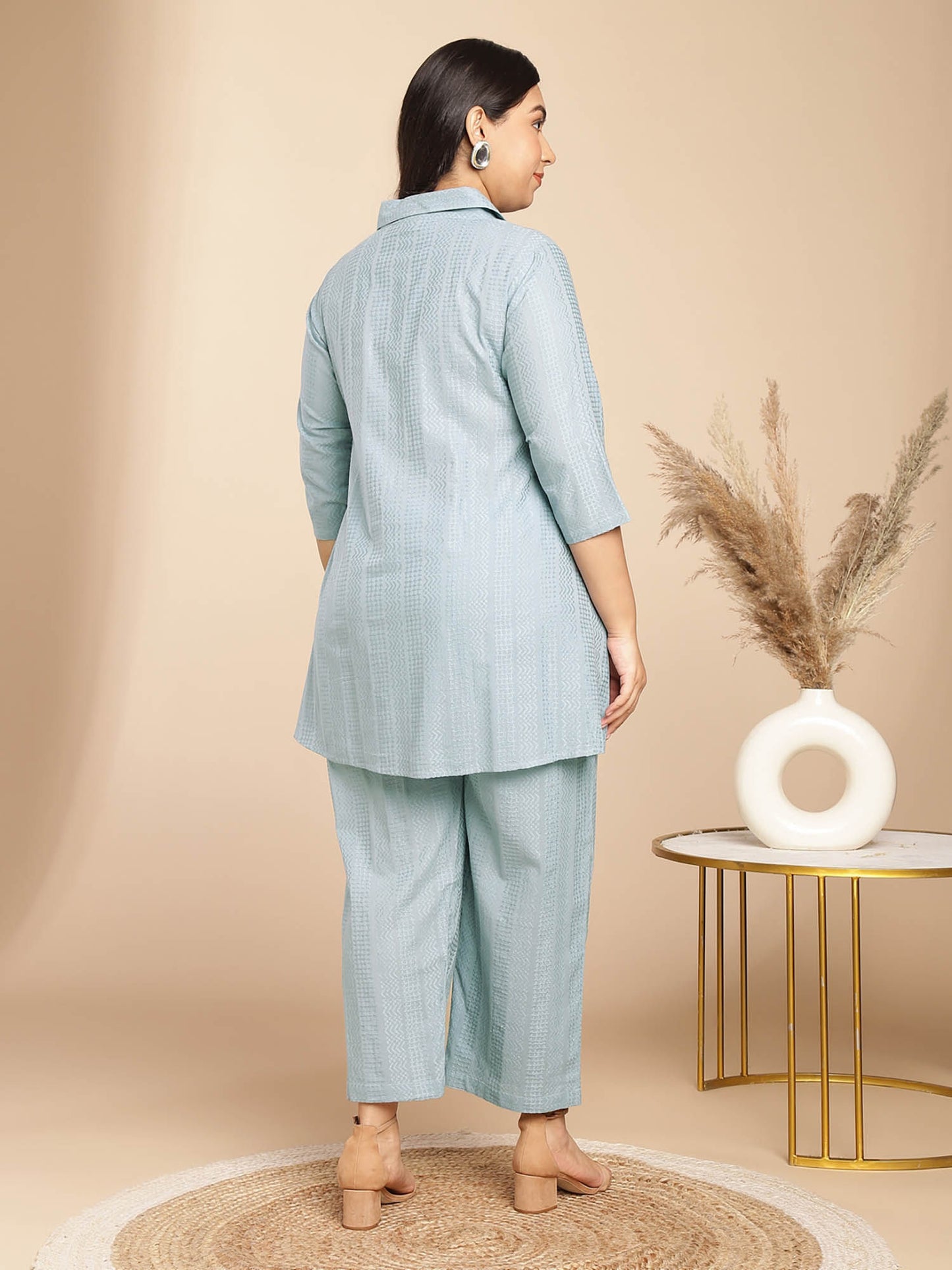 Women Plus Size Green Embroidered Tunic with Pant (Set of 2)