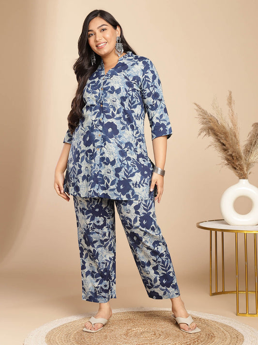 Women Plus Size Navy Blue Floral Printed Tunic with Pant (Set of 2)