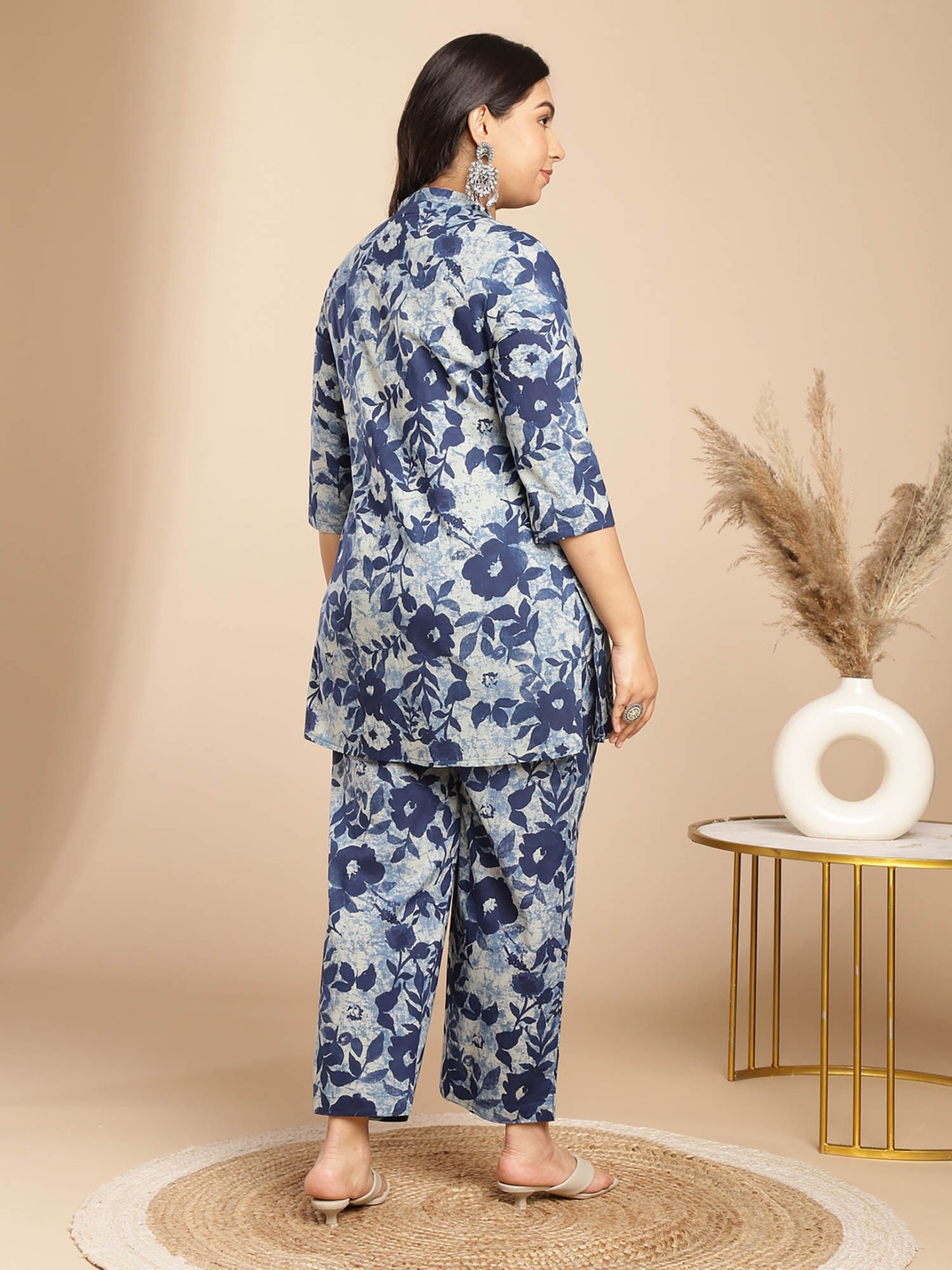 Women Plus Size Navy Blue Floral Printed Tunic with Pant (Set of 2)