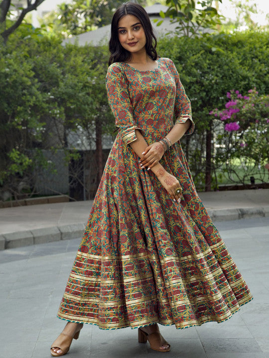Indian Virasat Floral Printed Pure Cotton Fit & Flared Maxi Ethnic Dress