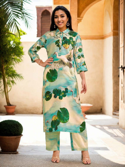 Cotton Blend Animal Printed Blue Kurta &amp; Pant Co-Ord (Set of 2)