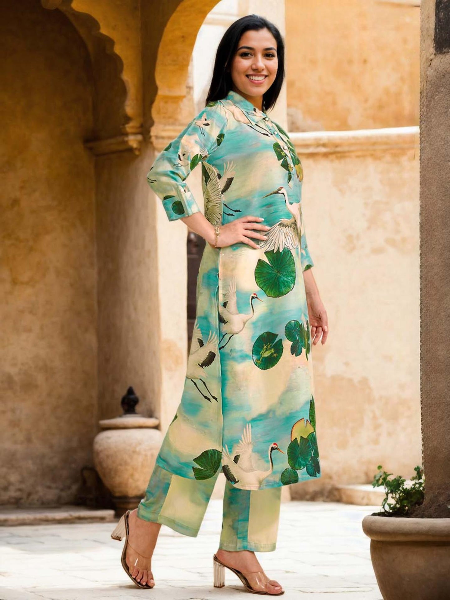 Cotton Blend Animal Printed Blue Kurta &amp; Pant Co-Ord (Set of 2)