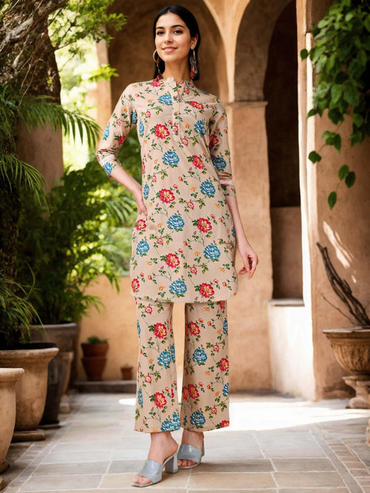 Cotton Floral Printed Beige Co-Ord (Set of 2)