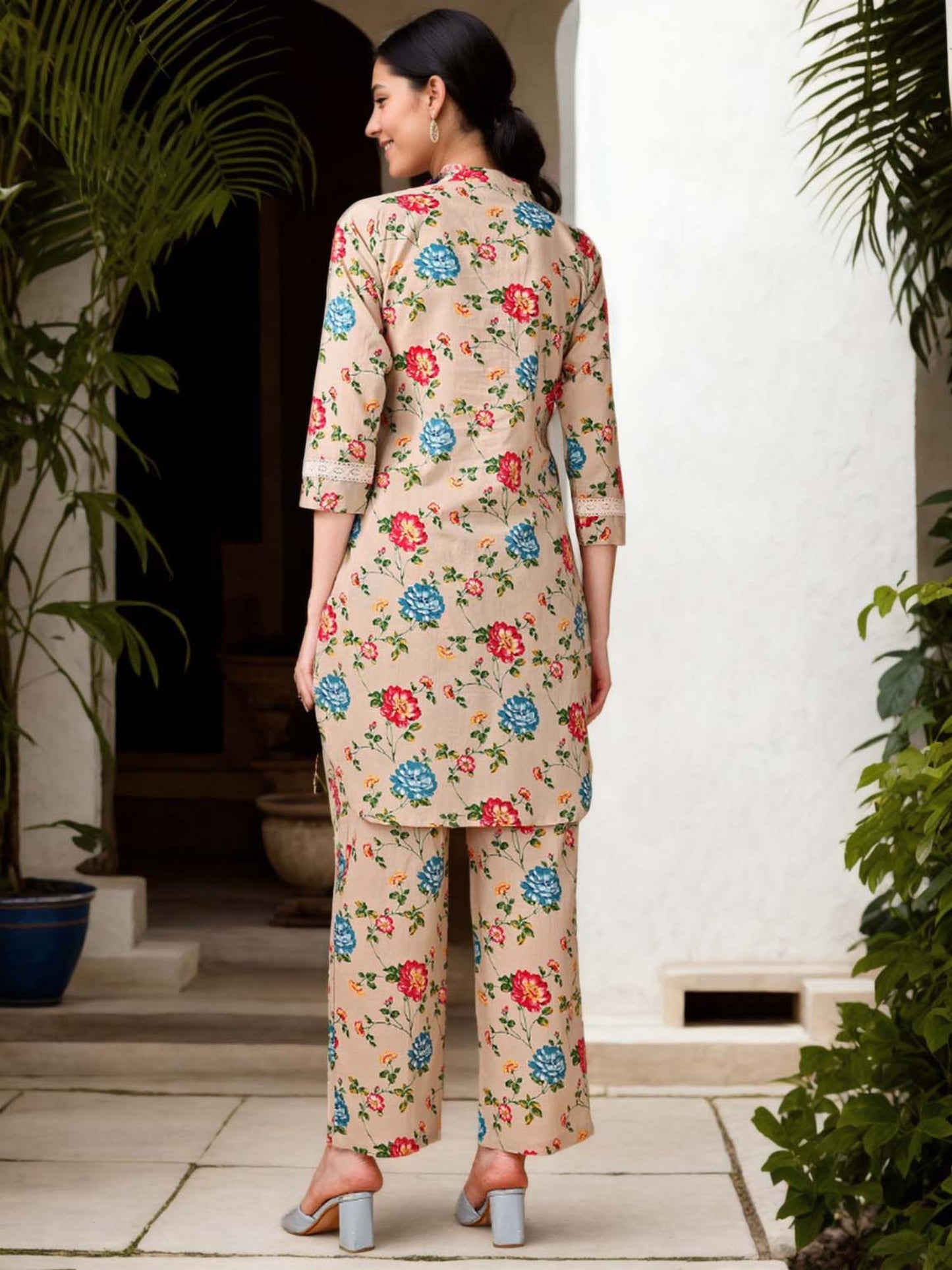 Cotton Floral Printed Beige Co-Ord (Set of 2)