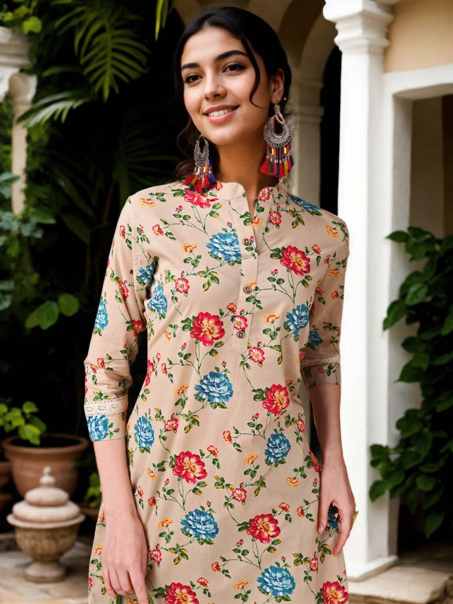 Cotton Floral Printed Beige Co-Ord (Set of 2)