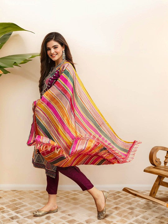 Ishin Ethnic Motifs Embroidered Pure Cotton Straight Kurta with Trousers & Dupatta
