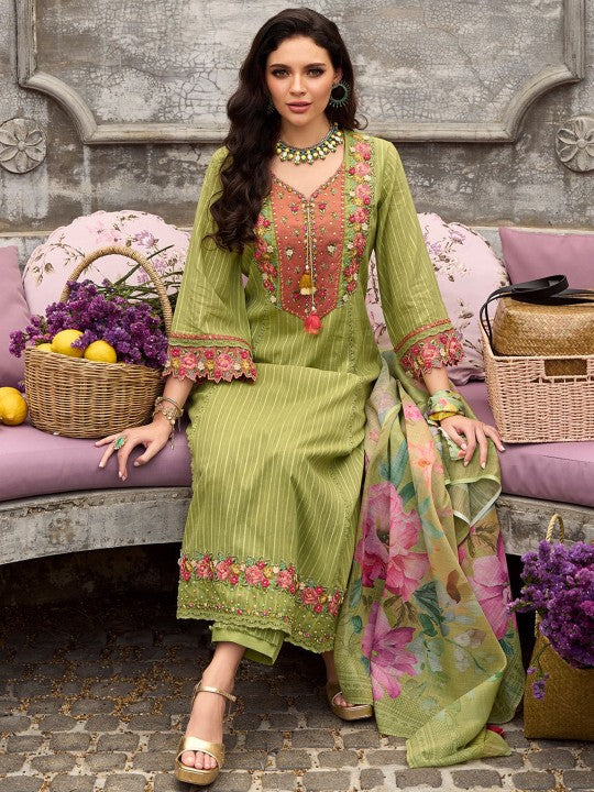 Indo Era Women Floral Embroidered Regular Thread Work Cotton Kurta with Trousers & Dupatta