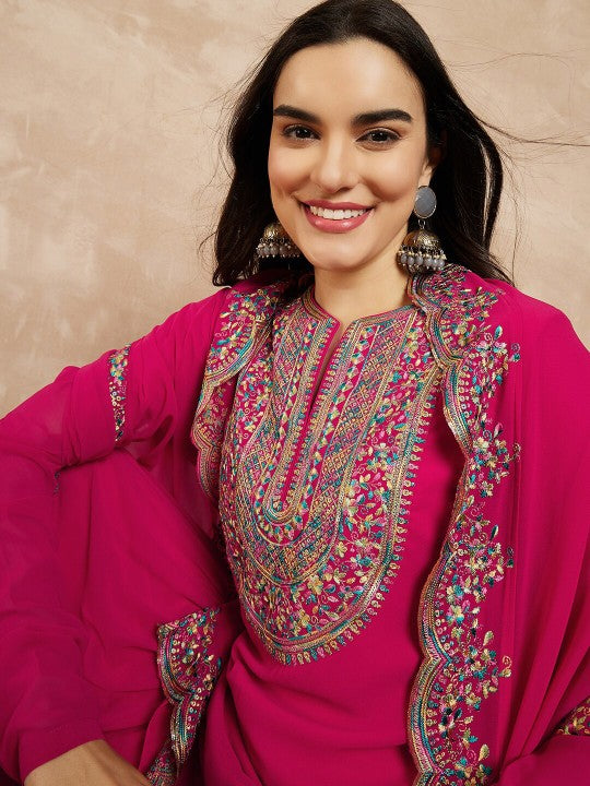 Inddus Pink & Gold Toned Yoke Design Embroidered Straight Kurta
