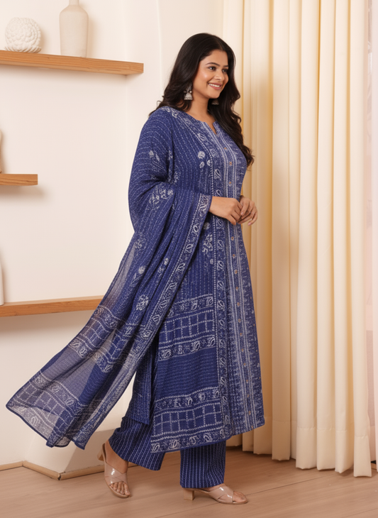 Viscose Placement Print Straight Indigo blue Kurta
