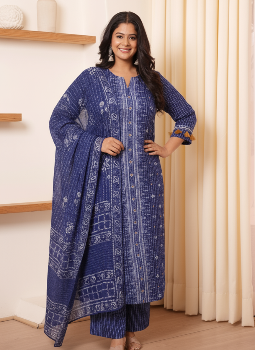 Viscose Placement Print Straight Indigo blue Kurta