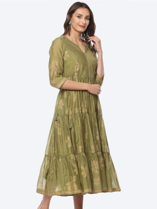 Biba Ethnic Motifs Printed Tiered Cotton A-line Ethnic Dress